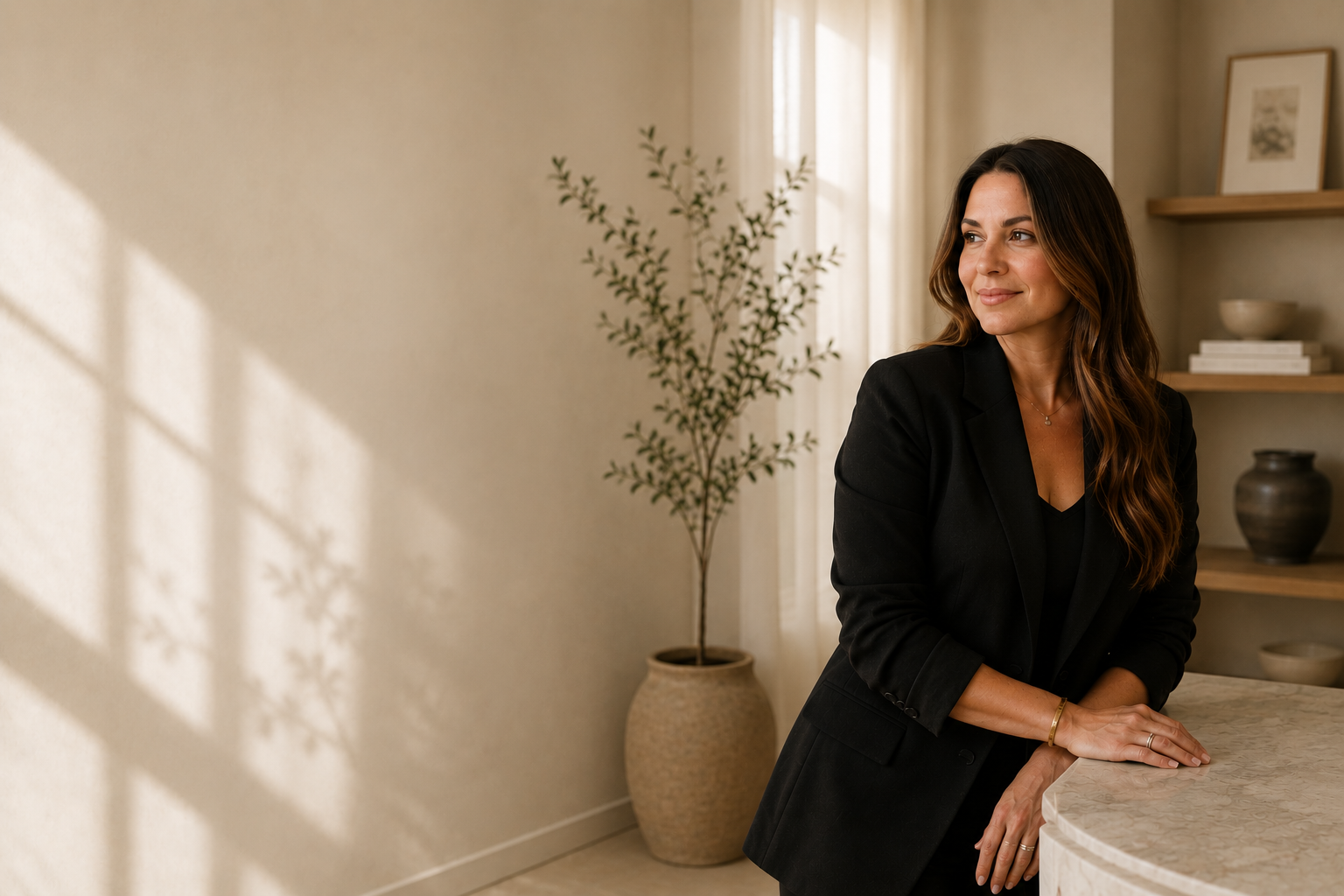 Jailine working in a softly styled interior