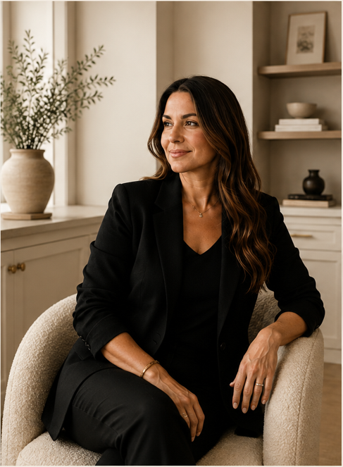 Jailine, founder of Zen Method, seated in a warm refined interior