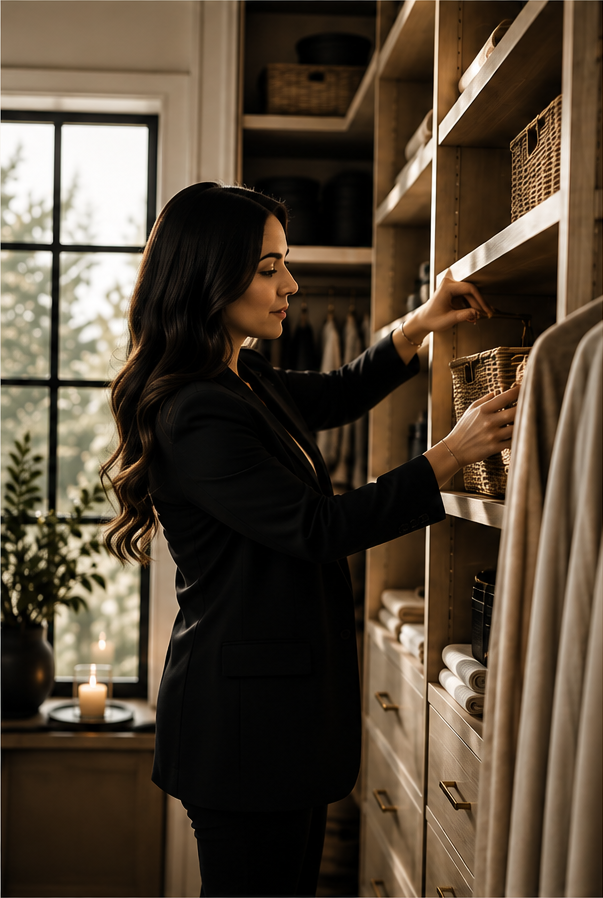 Professional home organizer arranging a warm, styled closet interior